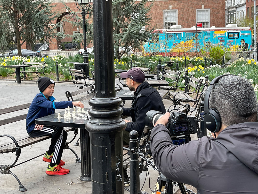 Oliver answers chess questions during an interview at Washington Square Park in New York City. April, 2021